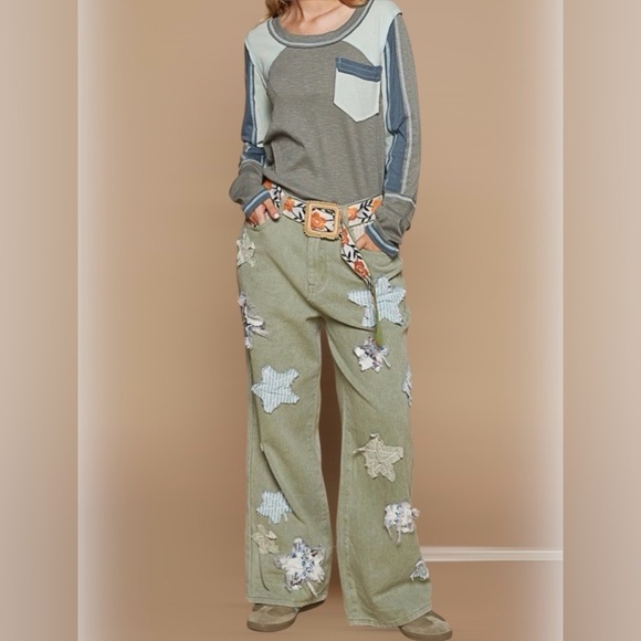 POL Denim - JUST IN! POL Star Patchwork Jeans Olive Green Straight Leg